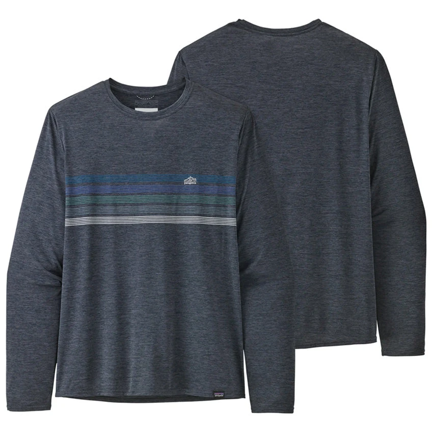 Patagonia Men's L/S Capilene Cool Daily Graphic Shirt - Line Logo Ridge Stripe: Smolder Blue X-Dye 1 Patagonia Men's L/S Capilene Cool Daily Graphic Shirt - Line Logo Ridge Stripe: Smolder Blue X-Dye