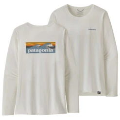 Patagonia Women's LS Capilene Cool Daily Graphic Shirt - Waters - Boardshort Logo Light Plume Grey: White